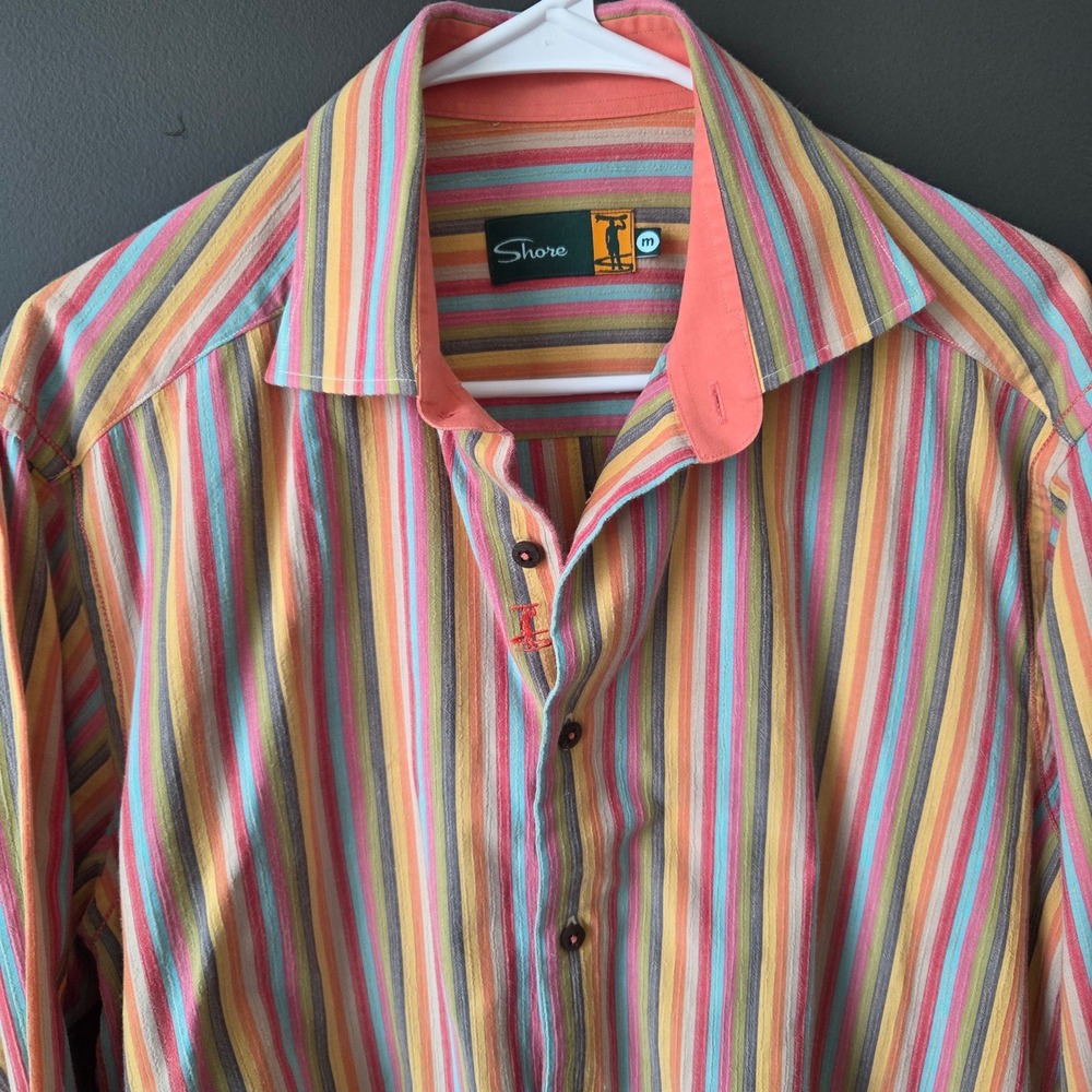 Shore Mens Medium Striped Button Down Shirt Multi Color Cotton‎ Long Sleeve Surf